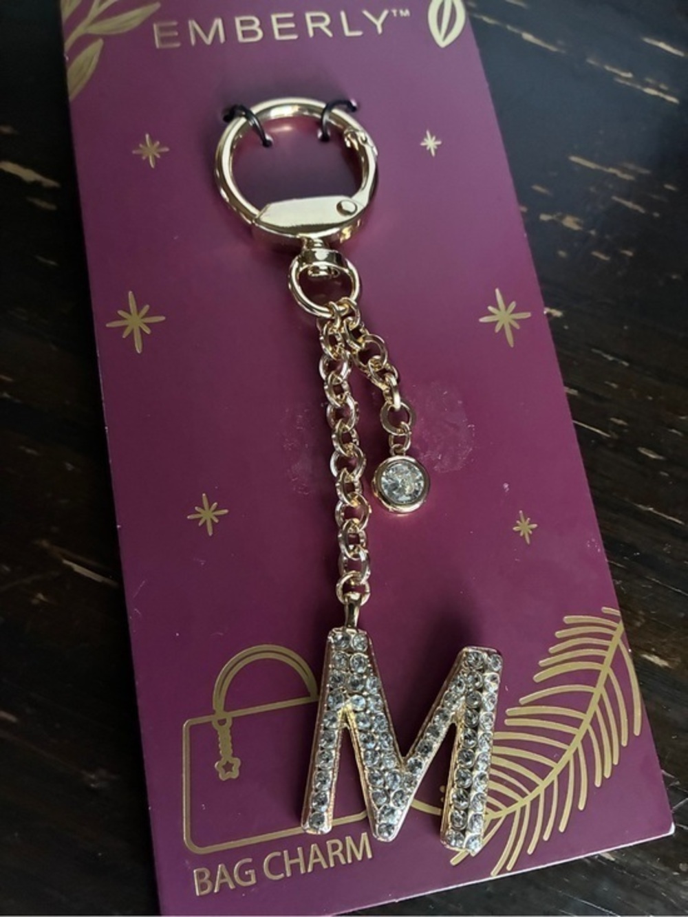 Gold Crystal 'M' Bag Charm Keychain